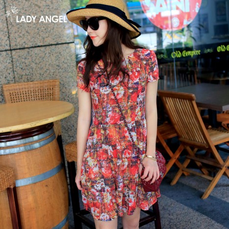 ladyangel 2013新款夏装 时尚韩版 修身短袖雪纺连衣裙