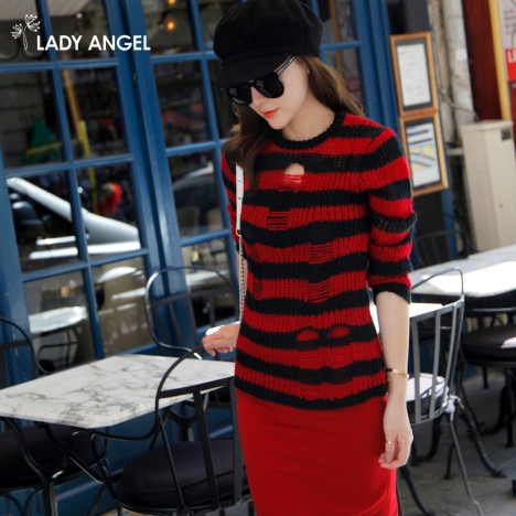 LadyAngel 女装 秋装新款2013 间色条纹 镂空 长袖薄毛衣
