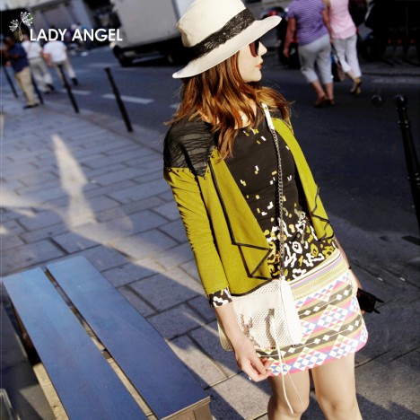 LadyAngel 女 秋装新款2013 拼接撞色 钉珠 开衫外套