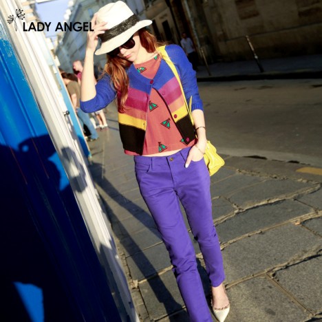 LadyAngel女 秋装新款2013 韩版 彩色条纹 针织衫开衫