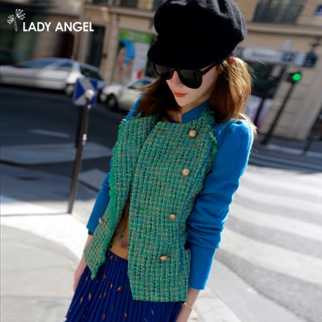 LadyAngel女装 秋装新款2013 韩版 双排扣 撞色毛呢外套