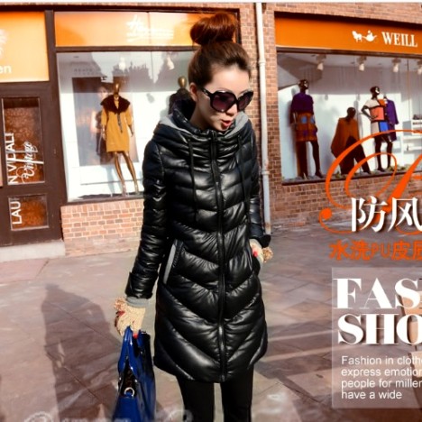 2013韩版冬季新款时尚百搭修身黑色拼灰色休闲领长款加棉皮衣外套