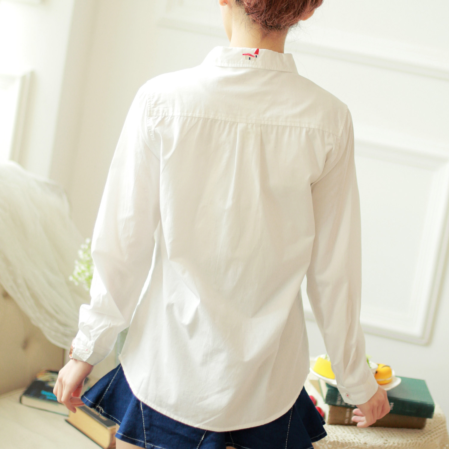 2015春装新款日系森女刺绣长袖衬衣纯棉白色长款衬衫女潮宽松