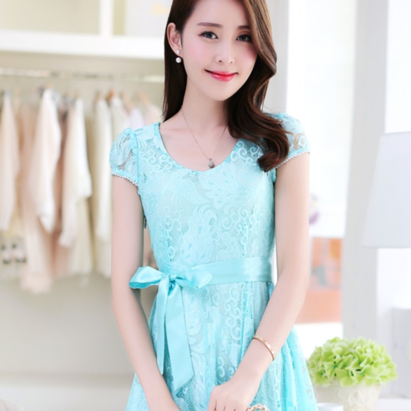 2015年春夏装新款韩版修身淑女连衣裙女装蕾丝短袖连衣裙子